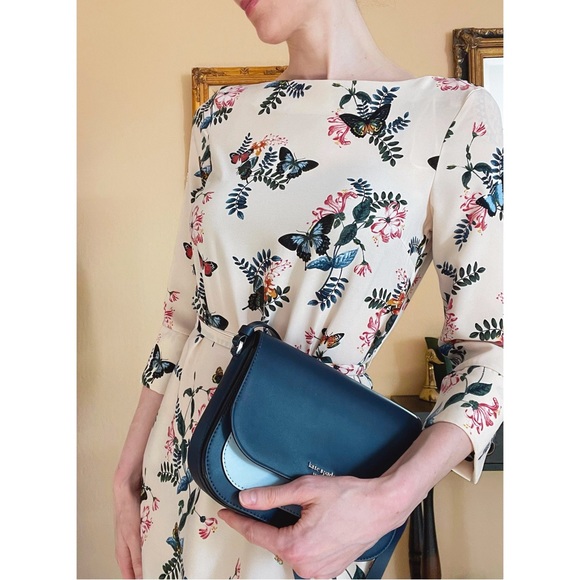 H&M Cream Blue & Pink Butterfly Floral Printed 3/4 Sleeve Belted Boatneck Dress - Picture 8 of 17